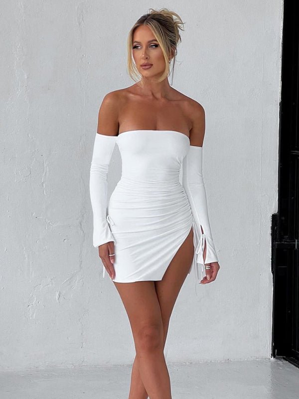 New fashionable and sexy off - shoulder, chest - wrapped, hip - wrapped skirt with slits - Bottoms
